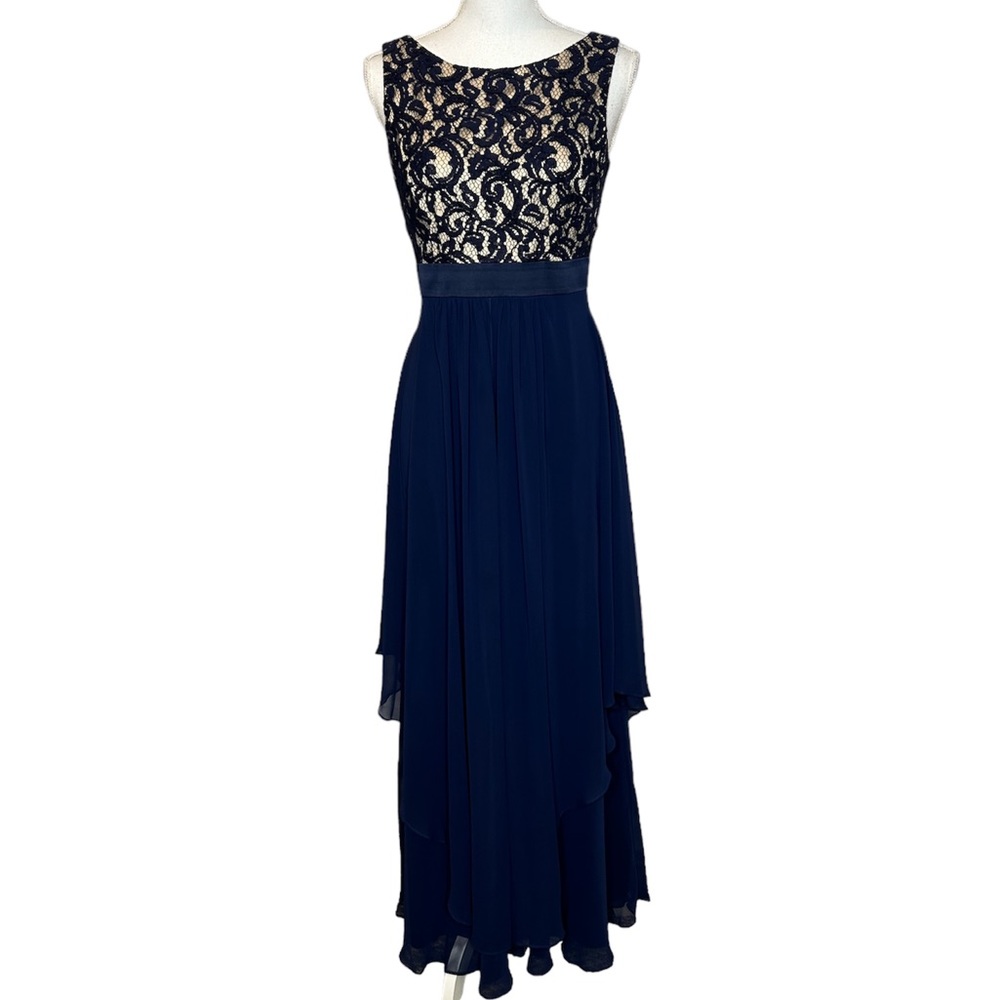 Eliza J navy with nude and navy overlay top high waisted evening dress size 8